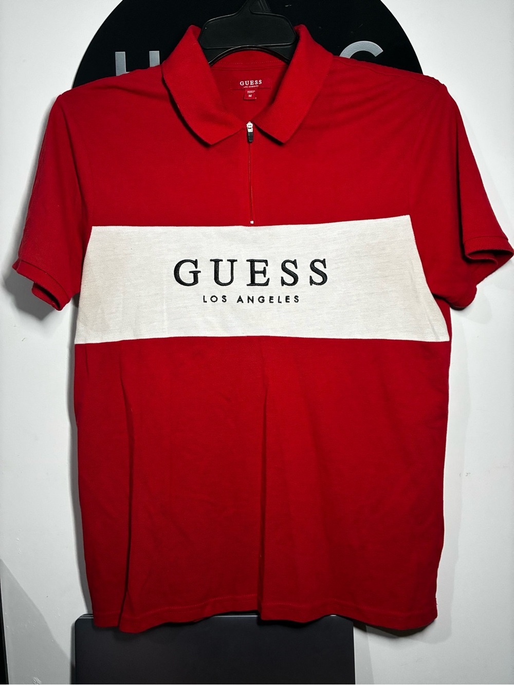 GUESS Red Polo with White Chest Panel and Logo